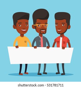 Three young african-american men holding white blank board. Group of young students holding an empty board. Group of friends showing white board. Vector flat design illustration. Square layout.