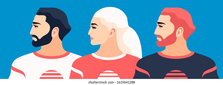 Three young athletes, wearing sportswear, side view. Male and female characters, with black, blonde and red hair. Vector illustration