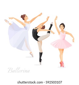 Three young ballet dancers standing in pose flat design on white background. Vector illustration of ballerinas in special dancing dresses