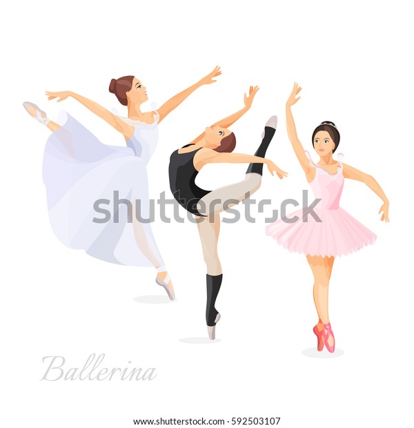 白い背景に平らなデザインのポーズで立つ3人の若いバレエダンサー 特別なダンスドレスのバレリナのベクターイラスト のベクター画像素材 ロイヤリティフリー 592503107