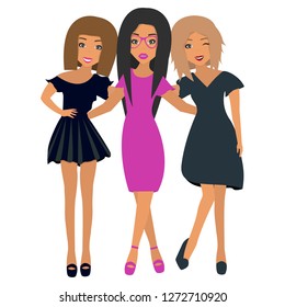 Three young beautiful girlfriends stand together. Female friendship. Three friends hug each other. Happy friendship day. Vector illustration in a flat style
