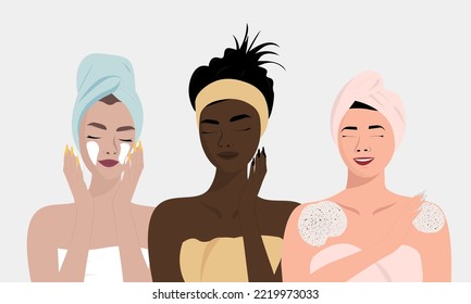 Three Young beautiful woman having Everyday beauty routine. Self care, self acceptance, love yourself concept. Vector.