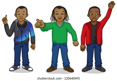 Three young black African men: one is pointing his index finger as if explaining, one is pointing at something, and the other is holding up his hand