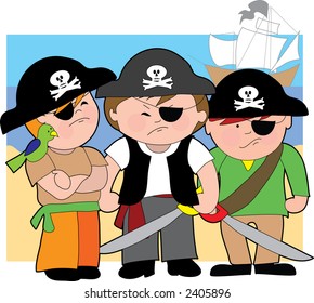 Three young boys dressed as pirates on the beach