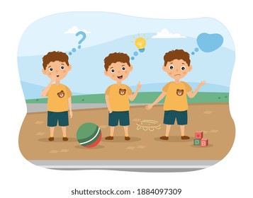 Three young boys playing ball standing outdoors thinking with assorted thought icons and expressions, colored vector illustration