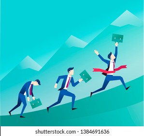 Three young businessmans are running of marathon like a symbol corporate of achievement. Winner and loser, competition and leadership concept. Vector illustration n flat style.