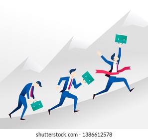 Three young businessmans are running of marathon like a symbol corporate of achievement. Winner and loser, competition and leadership concept. Vector illustration n flat style.
