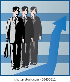 three young businessmen with chart background