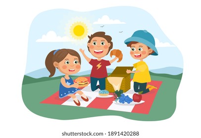 Three young children enjoying a summer picnic on a rug on the grass eating assorted food, colored cartoon vector illustration