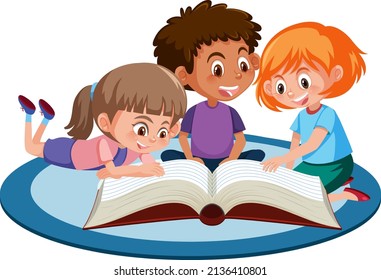 Three Young Children Reading A Book On White Background Illustration