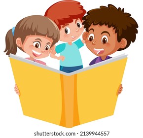 Three young children reading a book on white background illustration