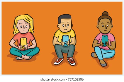 Three young children sitting next to each other looking intently at their phones.