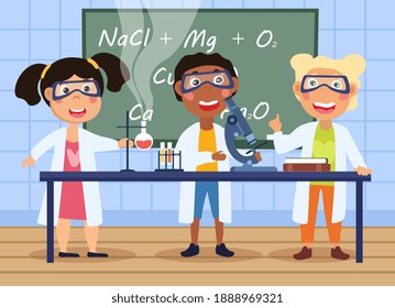 Three young children wearing safety goggles doing experiments in a chemistry class at school, cartoon flat colored vector illustration