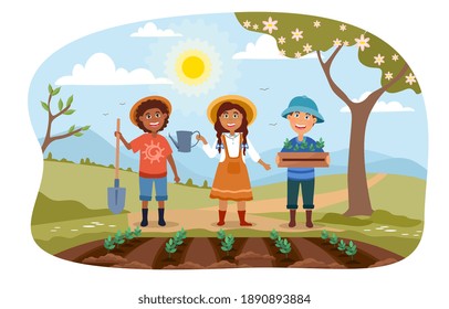 Three young children working in a garden together planting rows of spring vegetables standing smiling at the viewer, colored vector illustration