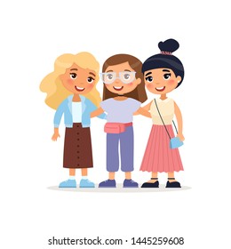 Three young cute girls hugging.
Funny cartoon character. Vector illustration. Isolated on white background
