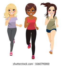 Three young cute jogging teenager girls exercising running sport
