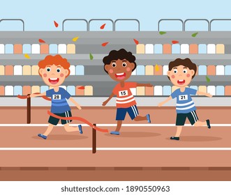 Three young diverse multiracial boys competing in a running race at a sports stadium with one crossing the line as the winner, colored cartoon vector illustration