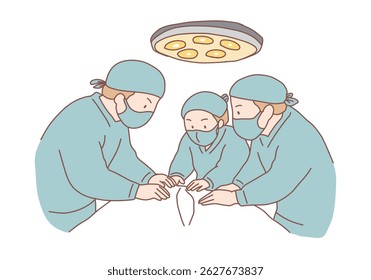 Three young doctors surgeons in medical uniform and masks standing making operation to patient in clinic. Medicare, health and surgery concept. Hand drawn style vector design illustrations.