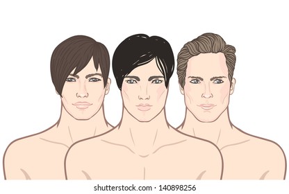 Three young European men with different trendy haircut, vector illustration isolated on white
