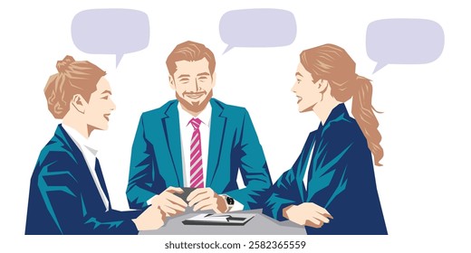 Three young executives, brainstorming at the office. Vector illustration, isolated object on white background.