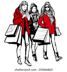 Three young fashionable women shopping - vector illustration