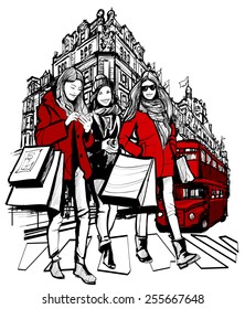 Three young fashionable women shopping in London- vector illustration
