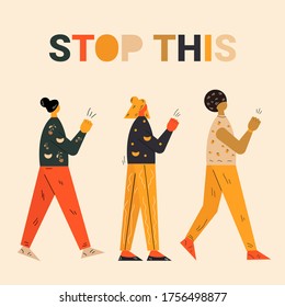 Three young female characters protesting concept. Human rights concept. Black lives matter. Vector illustration in modern flat style eps 10.