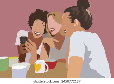 Three young female friends using a smartphone while eating