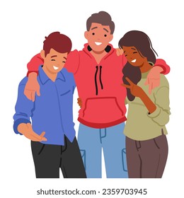 Three Young Friends Girl and Two Boys Characters Friendly Hug, Share An Unbreakable Bond. Their Laughter, Adventures And Support Define Their Inseparable Friendship. Cartoon People Vector Illustration