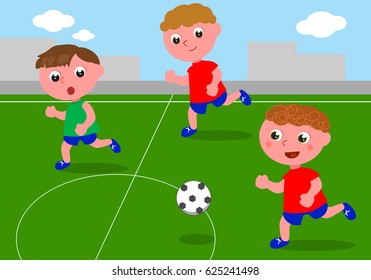 Three young friends are playing soccer in football field. Vector image.
