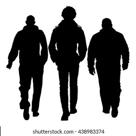 Three young friends talking and walking together, vector silhouette illustration isolated. walking in the park