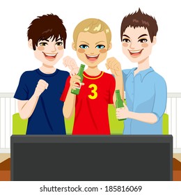 Three young friends watching sports game on television together