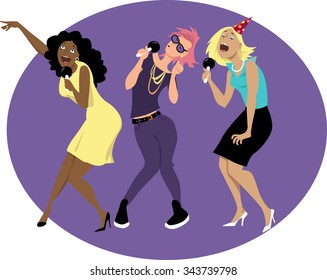 Three young funny woman singing karaoke at a party or in a bar, EPS 8 vector illustration