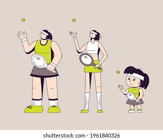 Three young girls characters playing tennis vector flat illustration isolated on gray background. Sport concept. For print, design, sports competitions, stickers, decoration, store, advertising.
