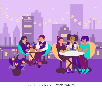 Three young girls and young couple sitting at on the rooftop cafe or restaurant tables at night, talking to each other, drinking wine. Cityscape background. Cartoon concept illustration