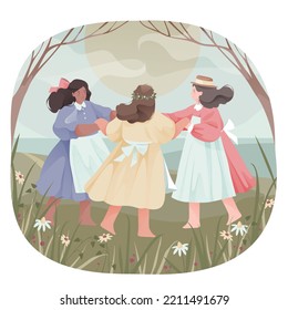 
Three young girls dance in a flowery meadow. Vector illustration, character design.