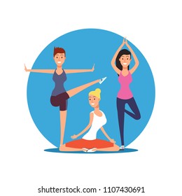 Three young girls doing yoga exersises. Yoga, pilates or fitness vector emblem illustration