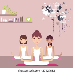 tres chicas jóvenes haciendo yoga en el salón