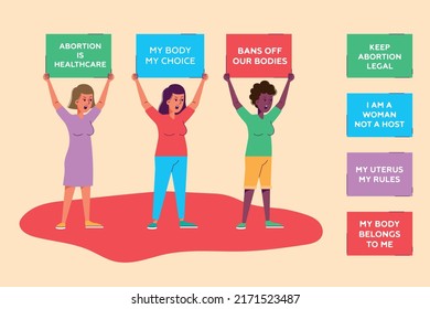 Three young girls hold banners at a rally against the abortion ban in USA. Flat cartoon illustration. Flat cartoon illustration in defense of human rights. Termination of pregnancy. My body My choice