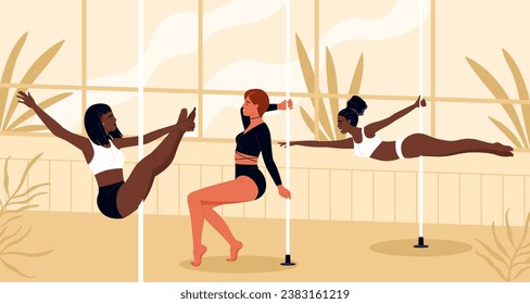 Three young girls in a pole dancing training class at a dance studio. Scene of women in dance studio. Pole dancing, fitness and sport lifestyle. Vector illustration cartoon style. Isolated background