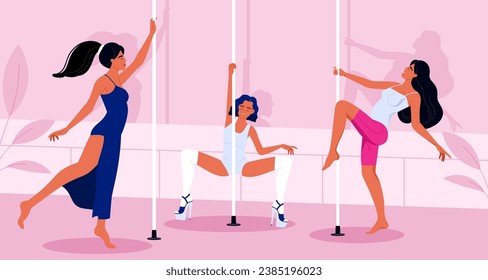 Tres chicas jóvenes en una clase de baile de tubo en un estudio de danza. Escena de mujeres en estudio de baile. Baile de polo, fitness y estilo de vida deportivo. Ilustración vectorial aislada en estilo de dibujos animados