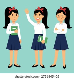 Three young girls in school uniforms, one holding a book, one waving, and one with arms crossed.