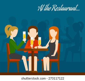 Three young girls sitting at table drinking champagne with people silhouettes on background friends meeting in restaurant flat vector illustration