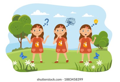Three young girls standing in a row thinking in a park gesturing with different expressions and thought icons, colored cartoon vector illustration with fictional character