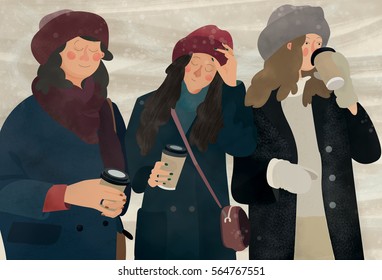 three young girls in warm clothes drinking coffee outdoors in winter. hand draw style vector illustration