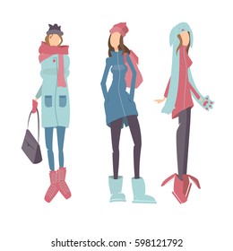 Three young girls in warm clothes in winter.Stylish outfit. Vector illustration