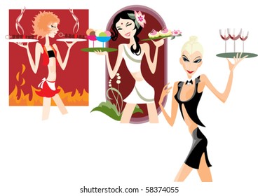 Three young girls work as waitresses