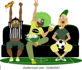 Three Young Guys Watching A Soccer Game On TV, Cheering, Vector Illustration, No Transparencies, EPS 8