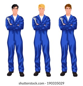 Three young handsome mechanic workers standing with spanner with various hair color and haircut styles vector illustration