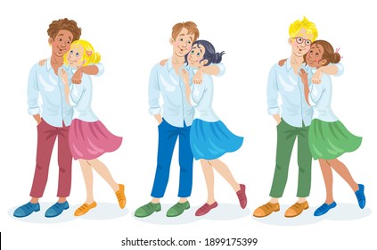 Three young happy multicultural couples. A man and a woman are embracing. In cartoon style. Isolated on white background. Vector flat illustration